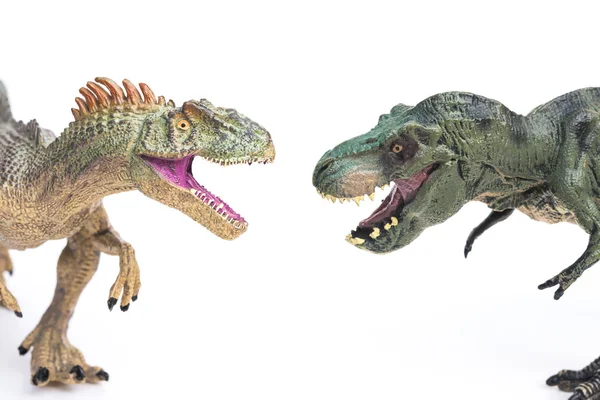 Juguete tyrannosaurus y allosaurus sobre un fondo blanco —  Fotos de Stock