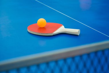 pingpong raket ve top ve net bir mavi pingpong tabloda dikey