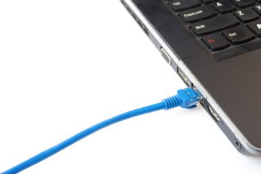 Beyaz bir laptop bağlanma mavi ağ kablosu