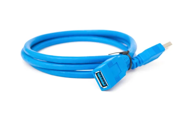 Vista lateral azul usb cable sobre un fondo blanco —  Fotos de Stock