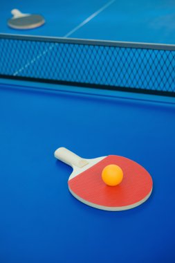 pingpong racket and ball and net on a blue pingpong table vertical clipart