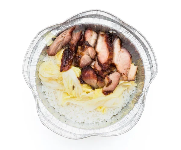Vista superior fast food de porco churrasco com arroz em branco com caminho de recorte — Fotografia de Stock
