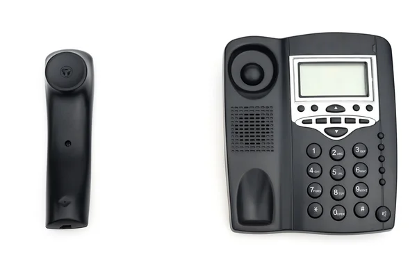 Nero telefono e ricevitore su bianco con spazio copia — Foto Stock