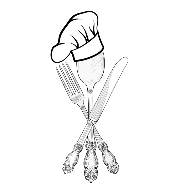 Cuoco cappello sopra cucchiaio, forchetta, coltello — Vettoriale Stock