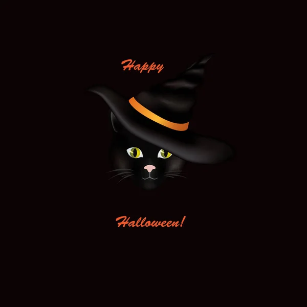 Cat in hat. Black cat looking at camera in Halloween hat with lettering Happy Halloween. Funny holiday illustration for greeting card background