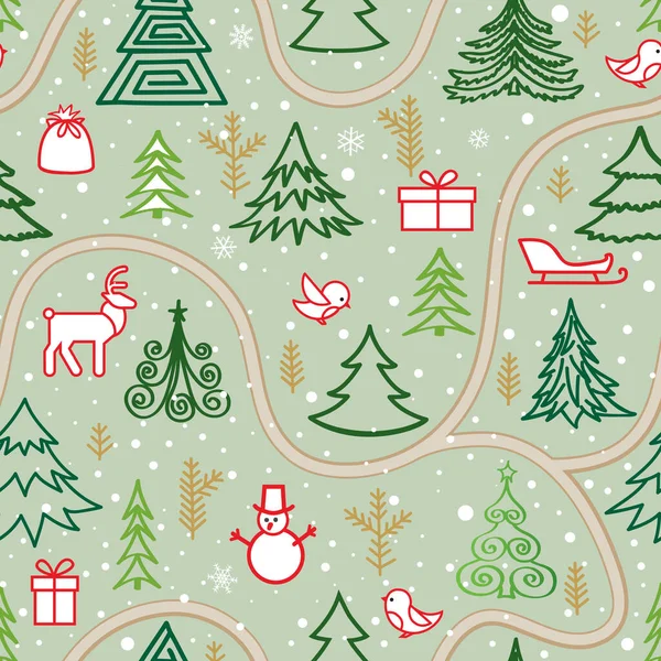 ホリデーアイコンや新年ツリー ギフト 鳥とクリスマス冬の森の雪のシームレスなパターン ハッピー冬の休日の雪の壁紙で自然装飾要素 モミの木の枝と雪片 — ストック写真