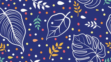 Palmiye yaprakları çizilmiş çiçek deseni. Çiçeksiz yaz festivali arka planı. Puantiyeli süslü bir bahçe..