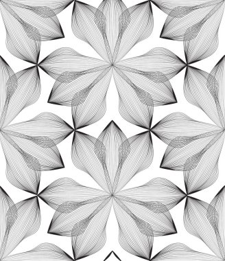 Soyut, dikişsiz çiçek deseni. Çiçek şekilli Arapça çizgi süsü. Siyah çizgileri olan çiçekli fayans deseni. Asya süsü. Girdap geometrik karalama dokusu