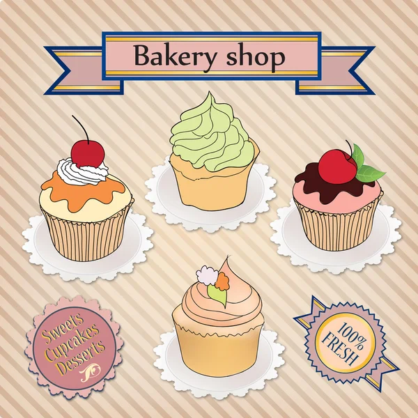 Bakery shop label. Vintage cupcake poster design. — Stock Vector