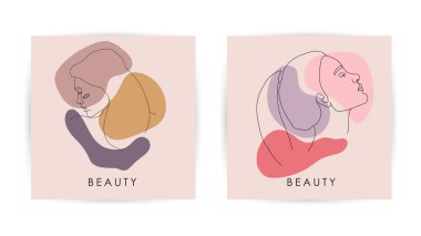 Modern soyut yüzler, moda konsepti, geometrik karalama ile kadın güzellik minimalisti soyut çiçek unsurları pastel renkler. vektör illüstrasyonu