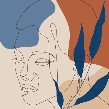 Modern soyut yüzler, moda konsepti, geometrik karalama ile kadın güzellik minimalisti soyut çiçek unsurları pastel renkler. vektör illüstrasyonu