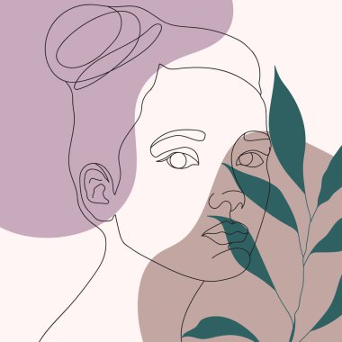 Modern soyut yüzler, moda konsepti, geometrik karalama ile kadın güzellik minimalisti soyut çiçek unsurları pastel renkler. vektör illüstrasyonu