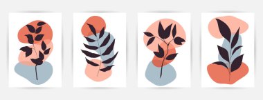 Botanik yapraklar ve soyut geometrik şekillerle kurulmuş modern soyut sanat arkaplanları. Botanik duvar sanat vektörü ayarlandı. Baskı, kapak, duvar kağıdı için sanat tasarımı. Vektör illüstrasyonu