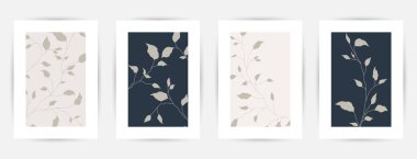 Botanik yapraklar ve soyut geometrik şekillerle kurulmuş modern soyut sanat arkaplanları. Botanik duvar sanat vektörü ayarlandı. Baskı, kapak, duvar kağıdı için sanat tasarımı. Vektör illüstrasyonu