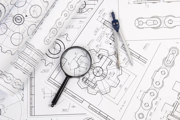 Industrial Chain Drawings Engineering Compass Magnifying Glass — Stock Photo, Image