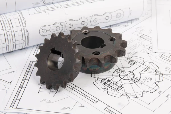 Roda Dentada Para Conduzir Cadeia Rolos Industriais Desenhos Engenharia Impressão — Fotografia de Stock