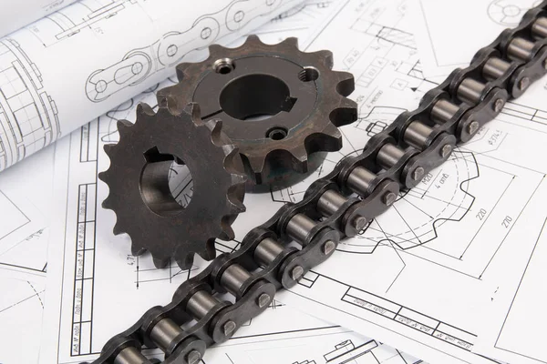 Rijden Industriële Roller Keten Tandwiel Een Print Engineering Tekeningen — Stockfoto