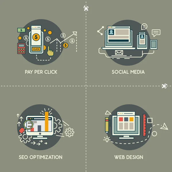 Pay per click, médias sociaux, web design, SEO — Image vectorielle