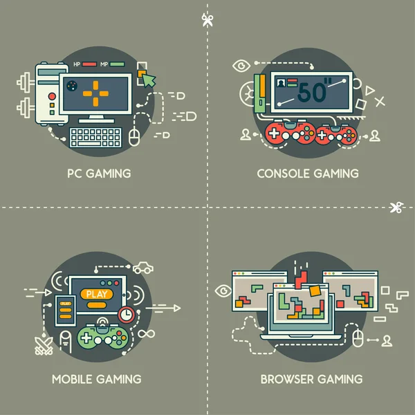 PC gaming, gaming console, mobiele gaming, browser gaming — Stockvector