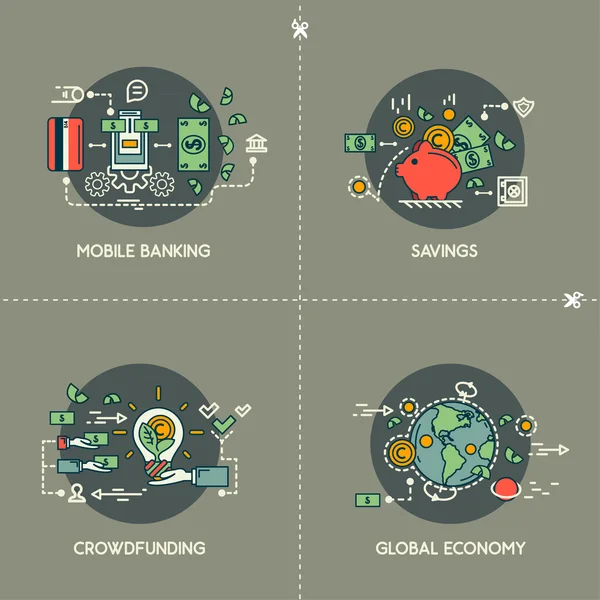 모바일 뱅킹, 저축, crowdfunding, 세계 경제 — 스톡 벡터