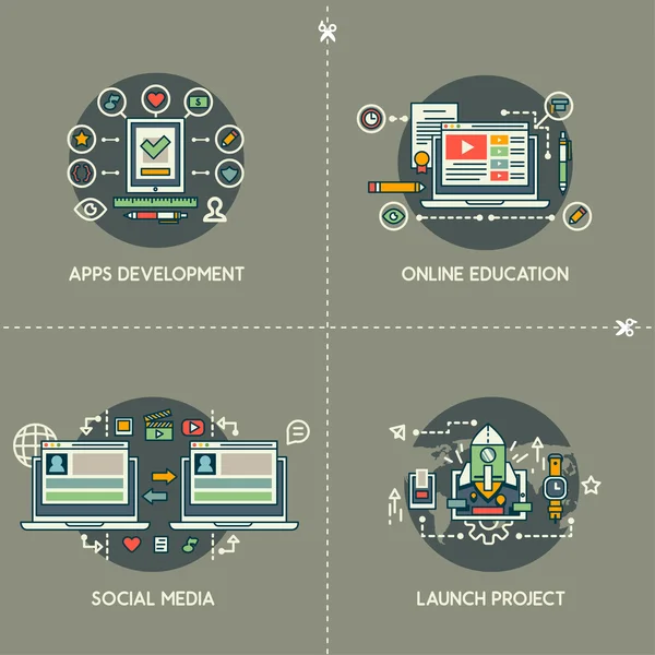 애플 리 케이 션 개발, 온라인 교육, 소셜 미디어, 발사 프로젝트 — 스톡 벡터