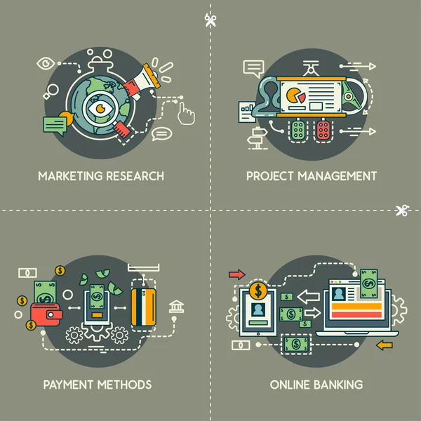 市场营销研究、 项目管理、 网上银行的付款方法 — 图库矢量图片
