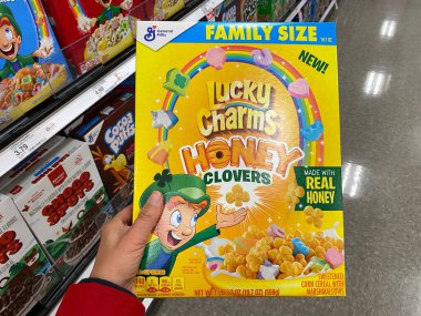 Maple Grove, Minnesota - 15 Kasım 2020 El, General Mills 'in özel baskı Lucky Charms Ballı Yılan Gevreği kutusunu tutuyor.