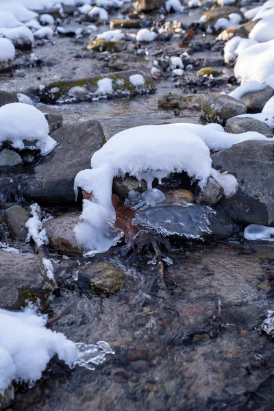 冰冻的小溪穿过树林 积雪覆盖着岩石和原木 在明尼苏达州威廉 奥布赖恩州立公园拍摄 — 图库照片