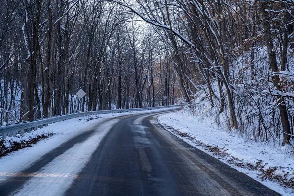 Winding Snow Covered Road Rural Minnesota Winter Lined Trees — Stok fotoğraf