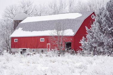 Kışın Minnesota 'da çekilen kırmızı kırsal ahır, buzla kaplıydı.