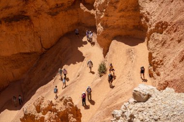 Utah, ABD - 15 Mayıs 2021: Yürüyüşçüler, Bryce Canyon Ulusal Parkı 'ndaki Queens Garden ve Navajo Point döngü yolu boyunca dönüşleri ele alıyor