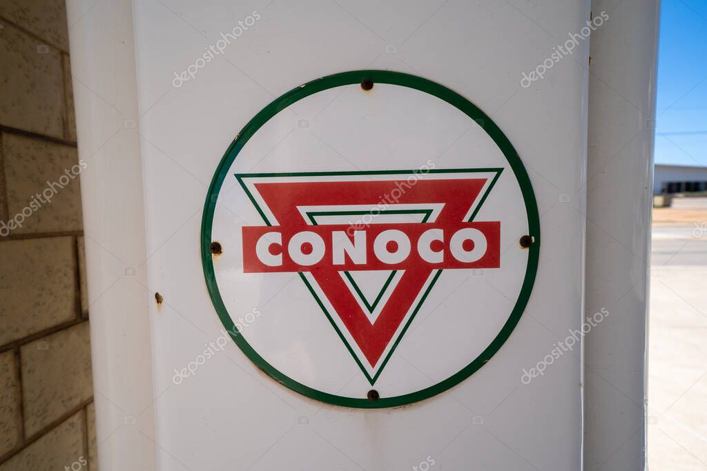Shamrock, Texas - May 6, 2021: Close of of a vintage Conoco gas pump at the historic Conoco Tower Station along old Route 66