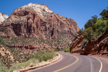 Utah 'taki Zion Ulusal Parkı' nın manzarası güneşli bir günde Zion Dağı 'nın manzarası.
