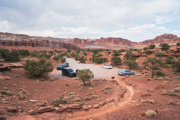 Utah, USA - May 14, 2021: Parking lot for the Goosenecks point trail in Capitol Reef National Park Utah
