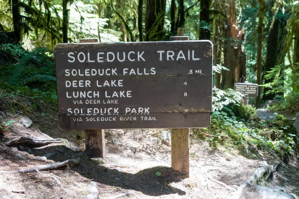 stock image Sol Duc Falls, Lunch lake, Deer Lake and the Seven Basin loop trailhead directional sign in Olympic National Park