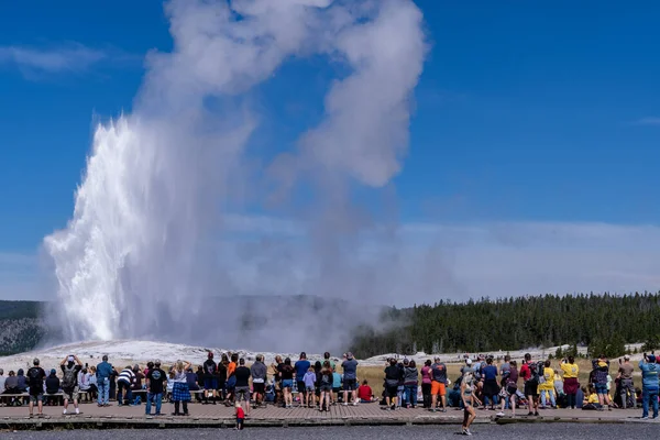 Wyoming, ABD - 10 Ağustos 2021: Yellowstone Ulusal Parkı 'nda Old Faithful' un patlaması için tahta kaldırımlar boyunca turist kalabalığı bekliyor