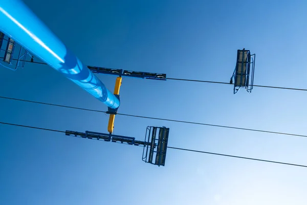 Nézi Égi Lovaglás Vidámpark Lovaglás Székkel Felvonók Egy Fényes Napsütéses — Stock Fotó