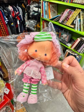 Apache Junction, Arizona - 23 Ekim 2025: 1980 'lerden kalma Vintage Strawberry Shortcake Raspberry Tart bebeği