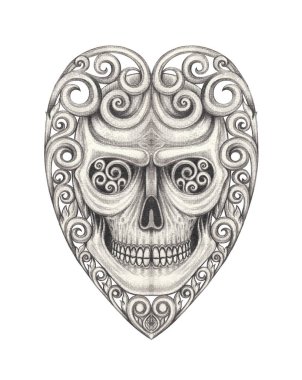 Kafatası tasarımı elle çizilmiş eski bir kalp..