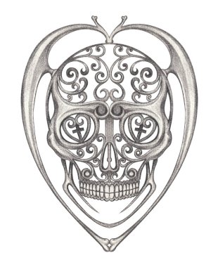 Elle çizilmiş eski bir kalp tasarımı olan kafatası.