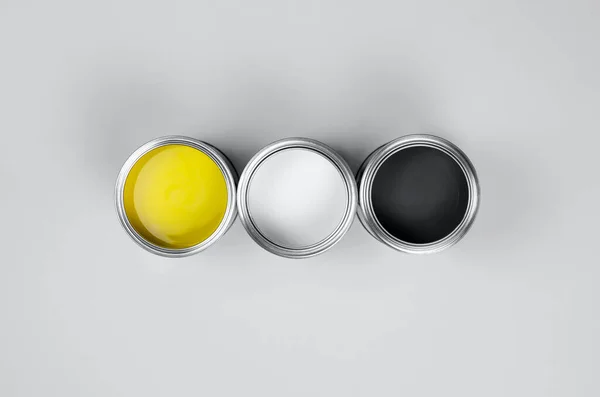 Cans Paint Trendy Color Combinations Trendy Colors 2021 Yellow Gray — Stock Photo, Image