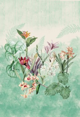 Çiçekler romantik renkler desing baskı 