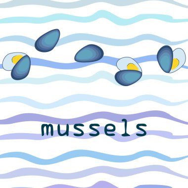 Midyeler taze deniz ürünleri. Vektör arka planı. Yemek ve restoran tasarımı.