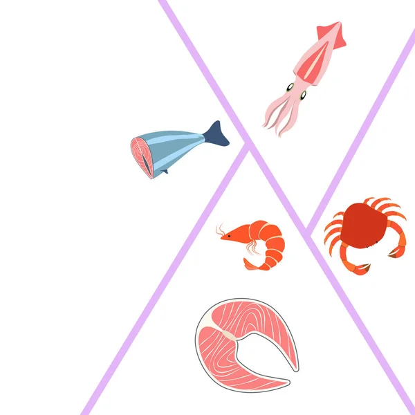 Ψάρια Γαρίδες Καβούρια Καλαμάρια Διάνυσμα Θαλασσινά Σχεδιασμός Τροφίμων Και Εστιατορίων — Διανυσματικό Αρχείο