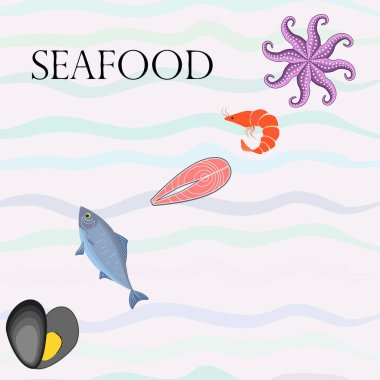 Deniz ürünleri vektör illüstrasyonu. Taze deniz balığı, midye, karides, ahtapot..