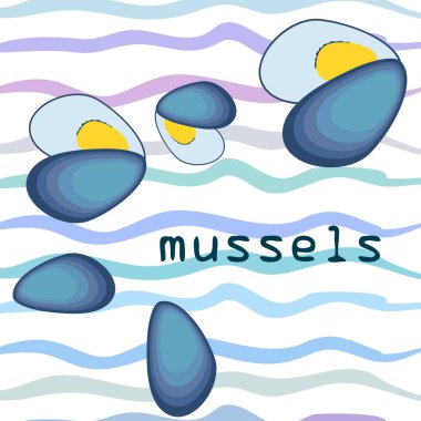 Midyeler taze deniz ürünleri. Vektör arkaplanı. Yemek ve restoran tasarımı.