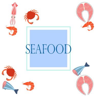 Balık, karides, yengeç, kalamar. Vektör deniz ürünleri. Yemek ve restoran tasarımı.