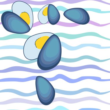 Midyeler taze deniz ürünleri. Vektör arkaplanı. Yemek ve restoran tasarımı.