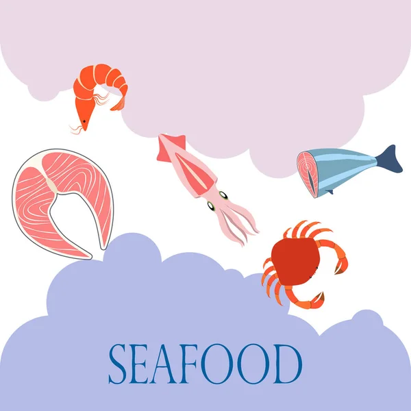 Ryby Krevety Krab Oliheň Vektorové Mořské Plody Jídlo Design Restaurace — Stockový vektor