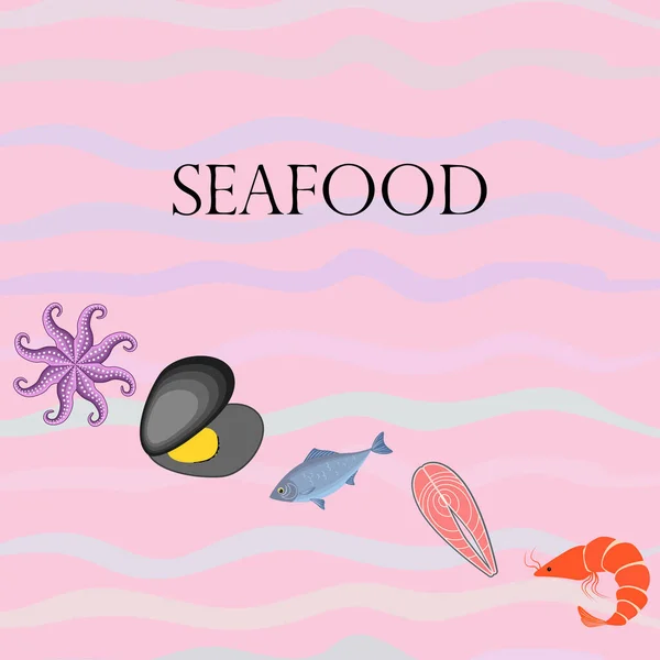 Ilustracja Wektora Owoców Morza Świeże Ryby Morskie Małże Krewetki Ośmiornice — Wektor stockowy